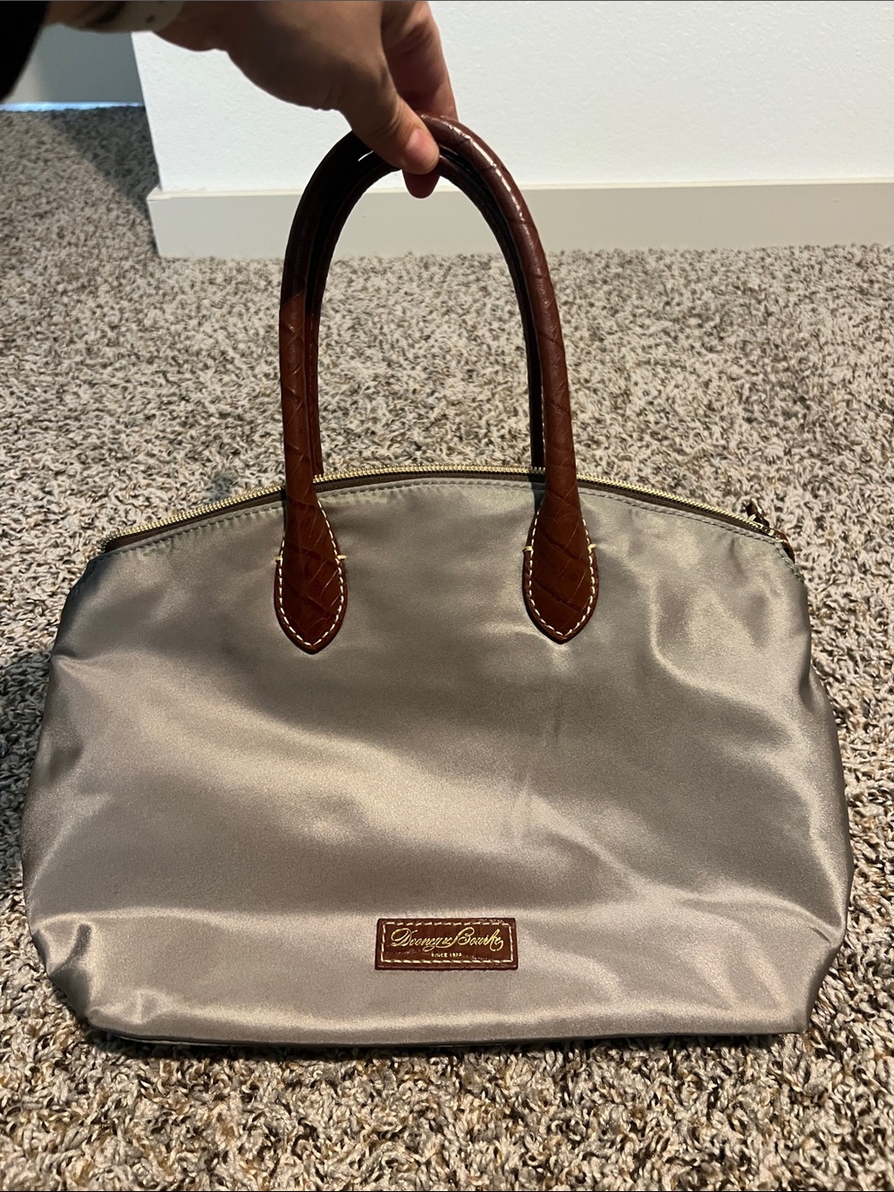 Dooney & Bourke Taupe Nylon Tote with Brown Leather Handles